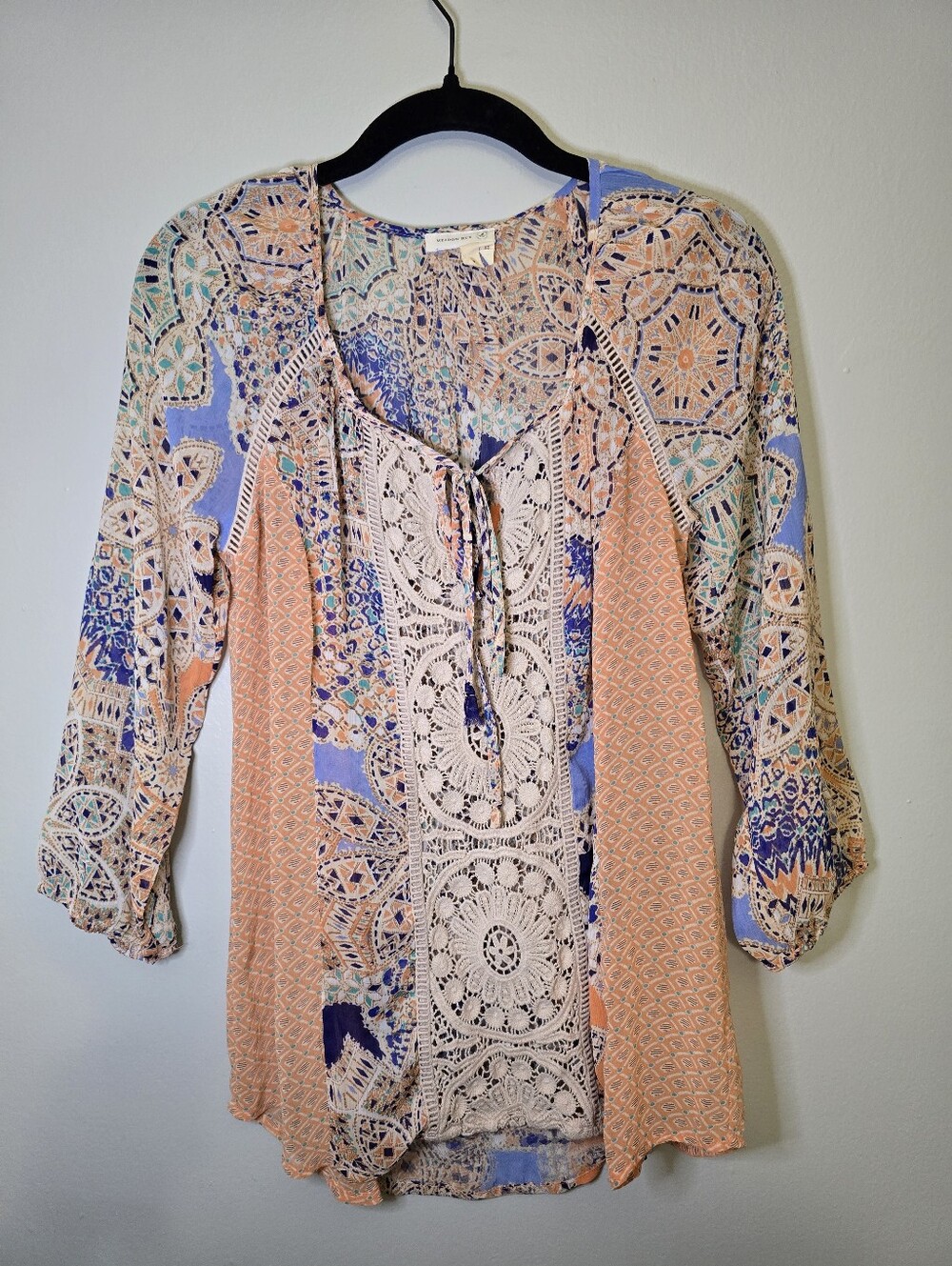 Meadow Rue Boho Lace-Trim Peasant Top in Peach and Blue